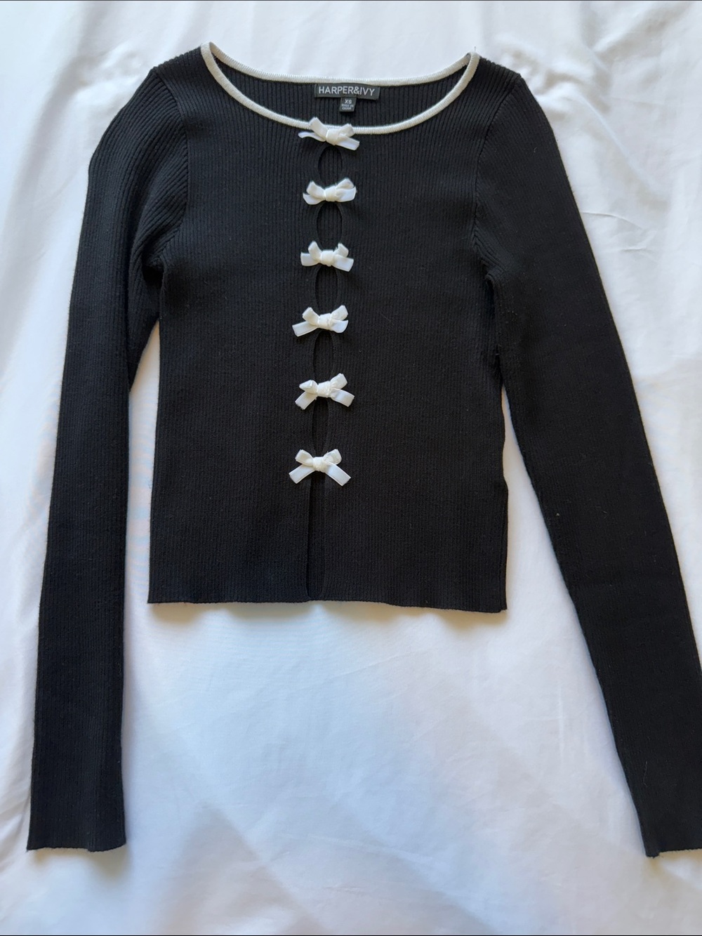 Harper Black Long Sleeve Knit Top with White Bow Trim
